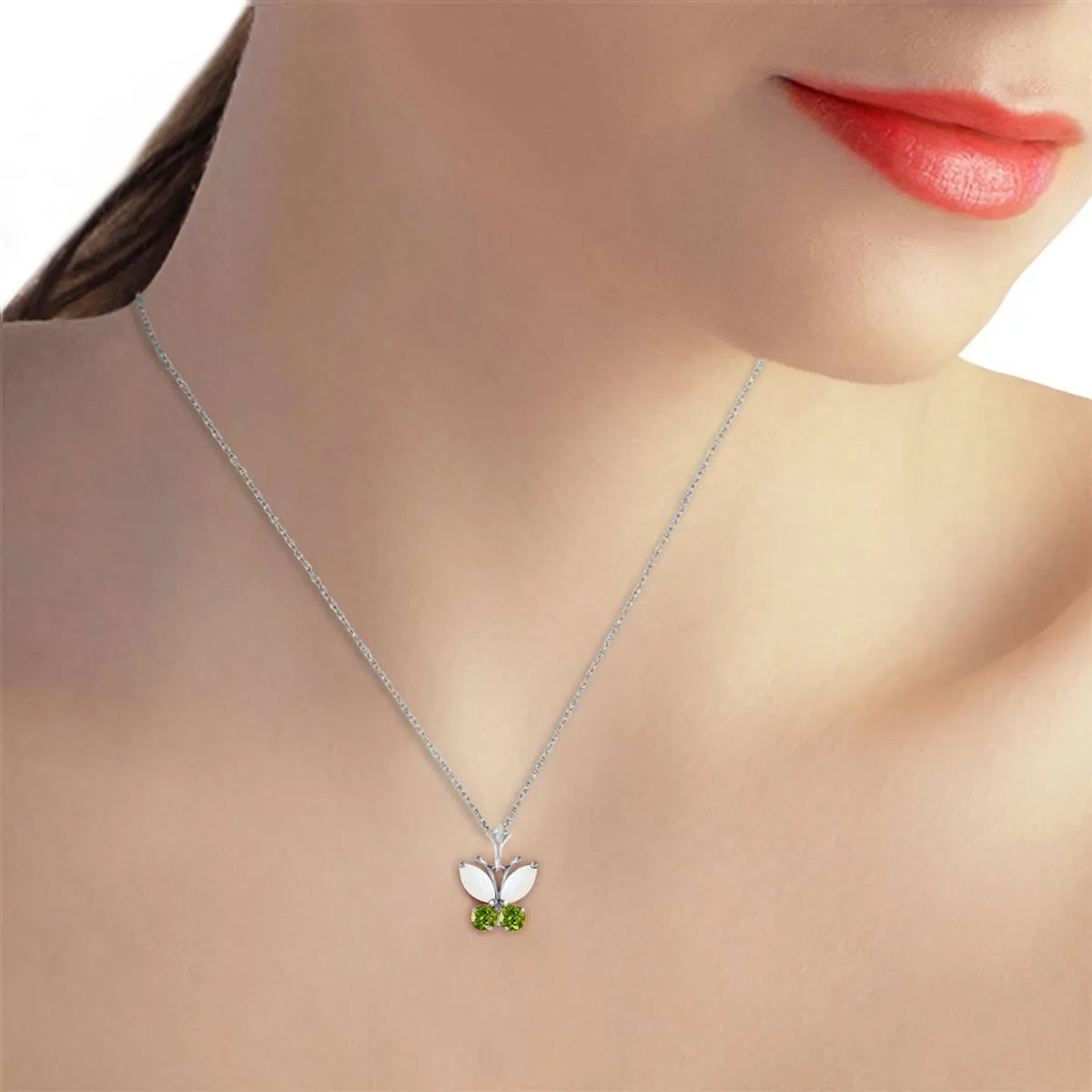 0.7 Carat 14K Solid White Gold Butterfly Necklace Opal Peridot