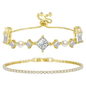 14K Gold Plated Cubic Zirconia Classic Tennis Bracelet Gold Bracelets Set for Women Trendy Jewelry Fashion Stackable Birthday Valentine Mother's Day Jewelry Gift (GSZH-021)