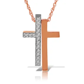 14K Solid Rose Gold Split Cross Necklace w/ Natural Diamonds