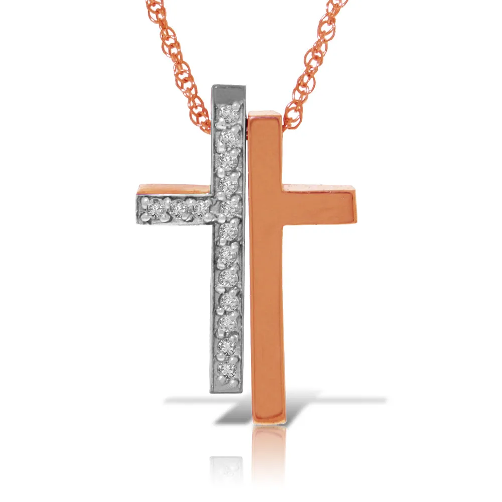 14K Solid Rose Gold Split Cross Necklace w/ Natural Diamonds