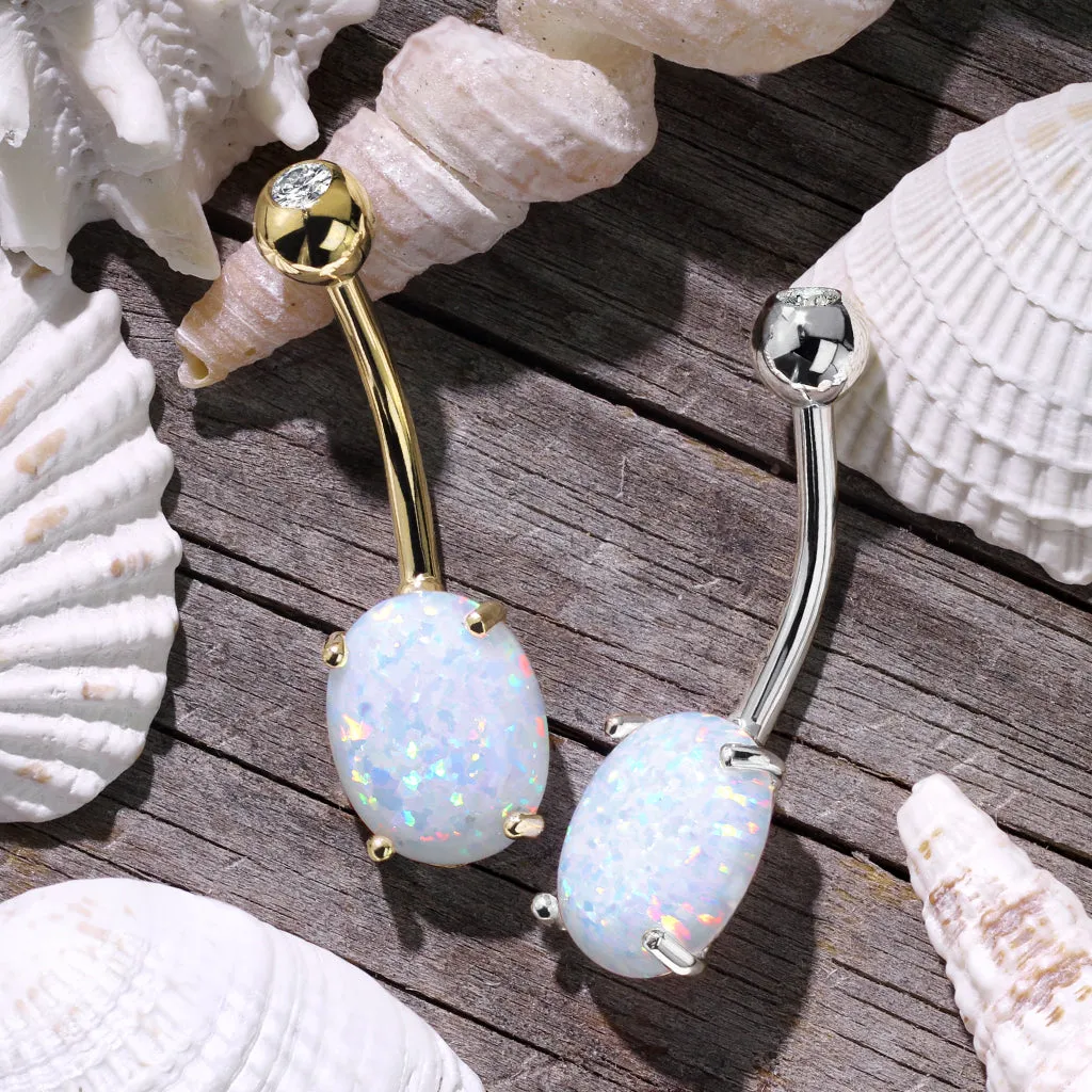 14K Solid White Gold Opal Belly Ring