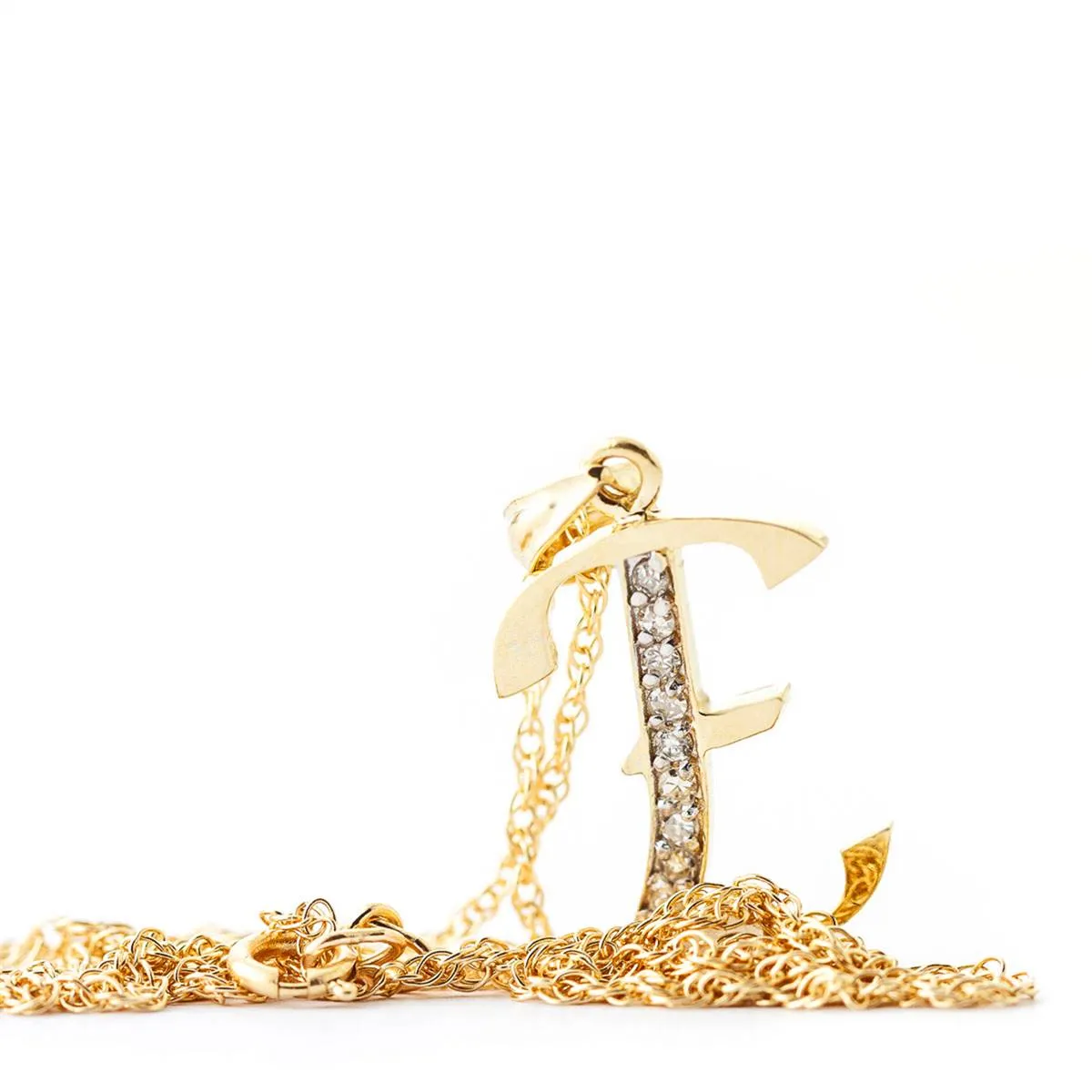 14K Solid Yellow Gold Necklace w/ Natural Diamonds Initial 'e' Pendant