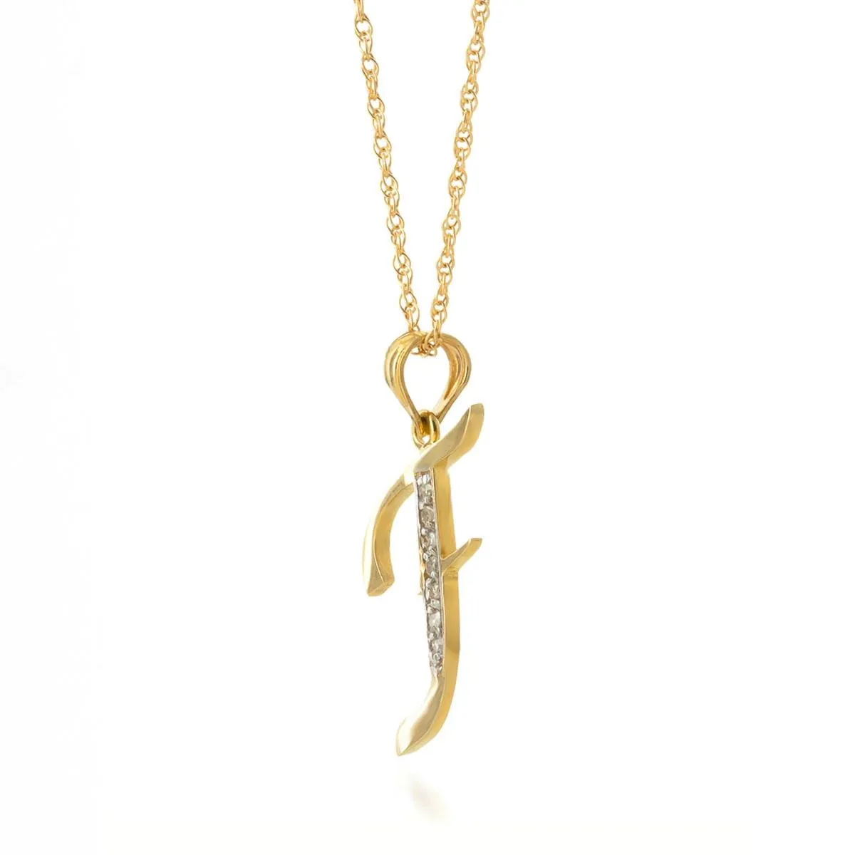 14K Solid Yellow Gold Necklace w/ Natural Diamonds Initial 'f' Pendant