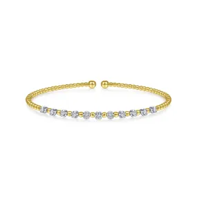 14K White & Yellow Gold Diamond Beaded Open Cuff Bangle