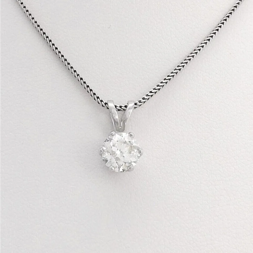 14K White Gold 1Ct Round European Cut Solitaire Diamond Pendant Necklace