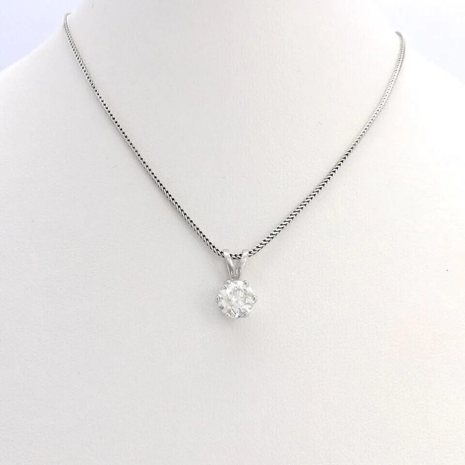 14K White Gold 1Ct Round European Cut Solitaire Diamond Pendant Necklace