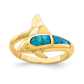 14k Yellow Gold Blue Created Opal Dolphin Wrap Ring