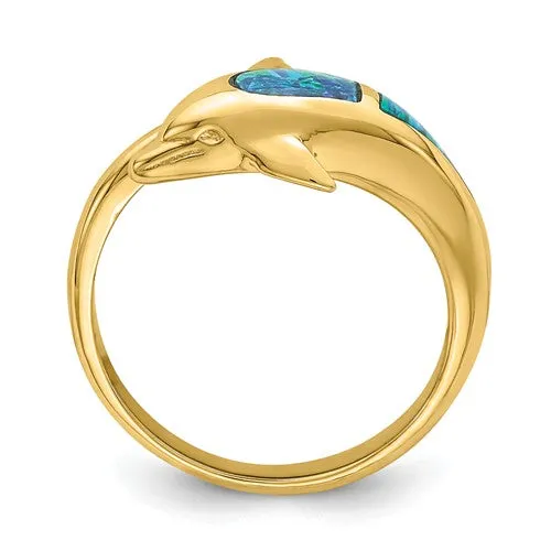 14k Yellow Gold Blue Created Opal Dolphin Wrap Ring