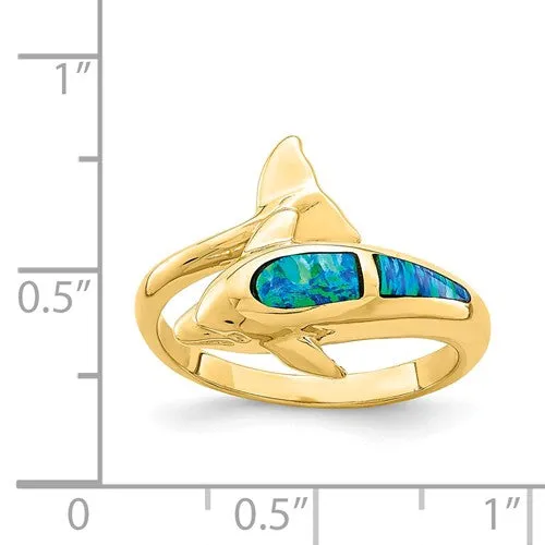 14k Yellow Gold Blue Created Opal Dolphin Wrap Ring