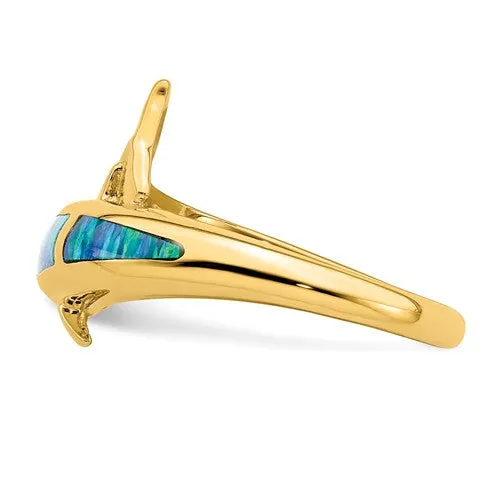 14k Yellow Gold Blue Created Opal Dolphin Wrap Ring