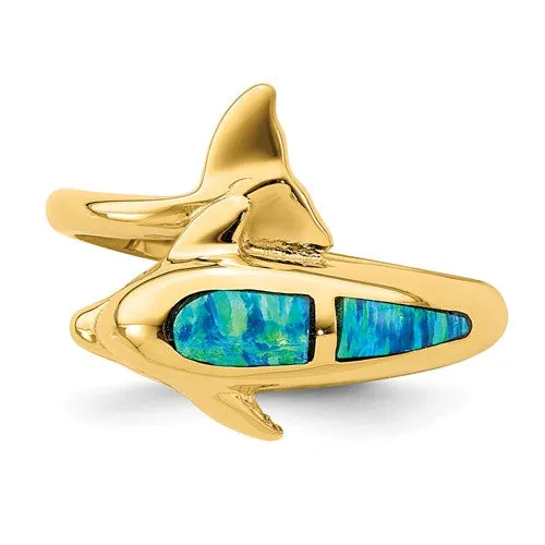 14k Yellow Gold Blue Created Opal Dolphin Wrap Ring