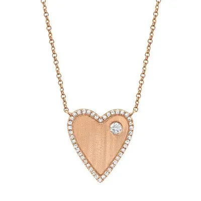 14K Yellow Gold Diamond Halo Satin Heart Necklace