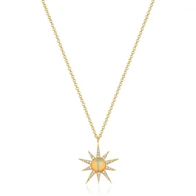 14K Yellow Gold Diamond   Opal Sunburst Pendant