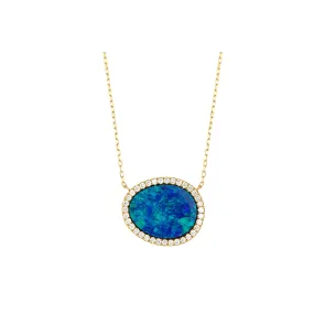 14K Yellow Gold Opal Necklace with Diamonds and Chain