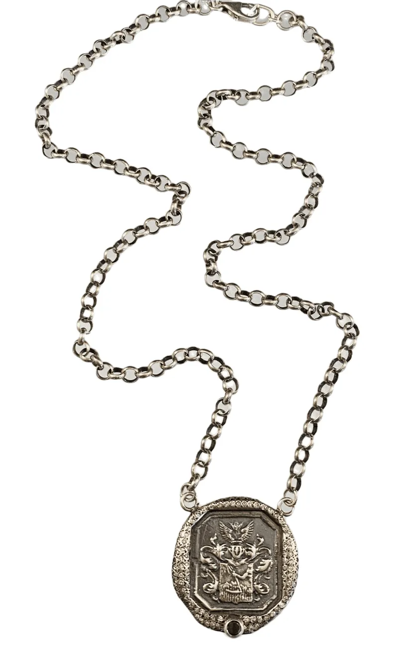 18” Sterling Silver Square Oxidized Crest with Diamonds