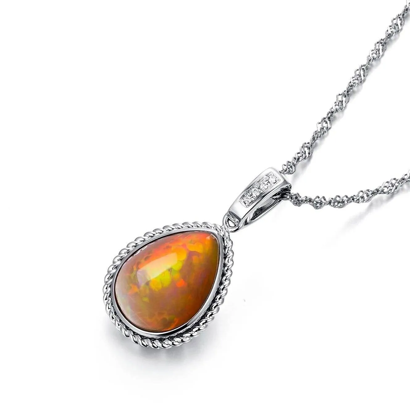 18K Tear Drop Ethiopian Fire Opal Pendant Necklace