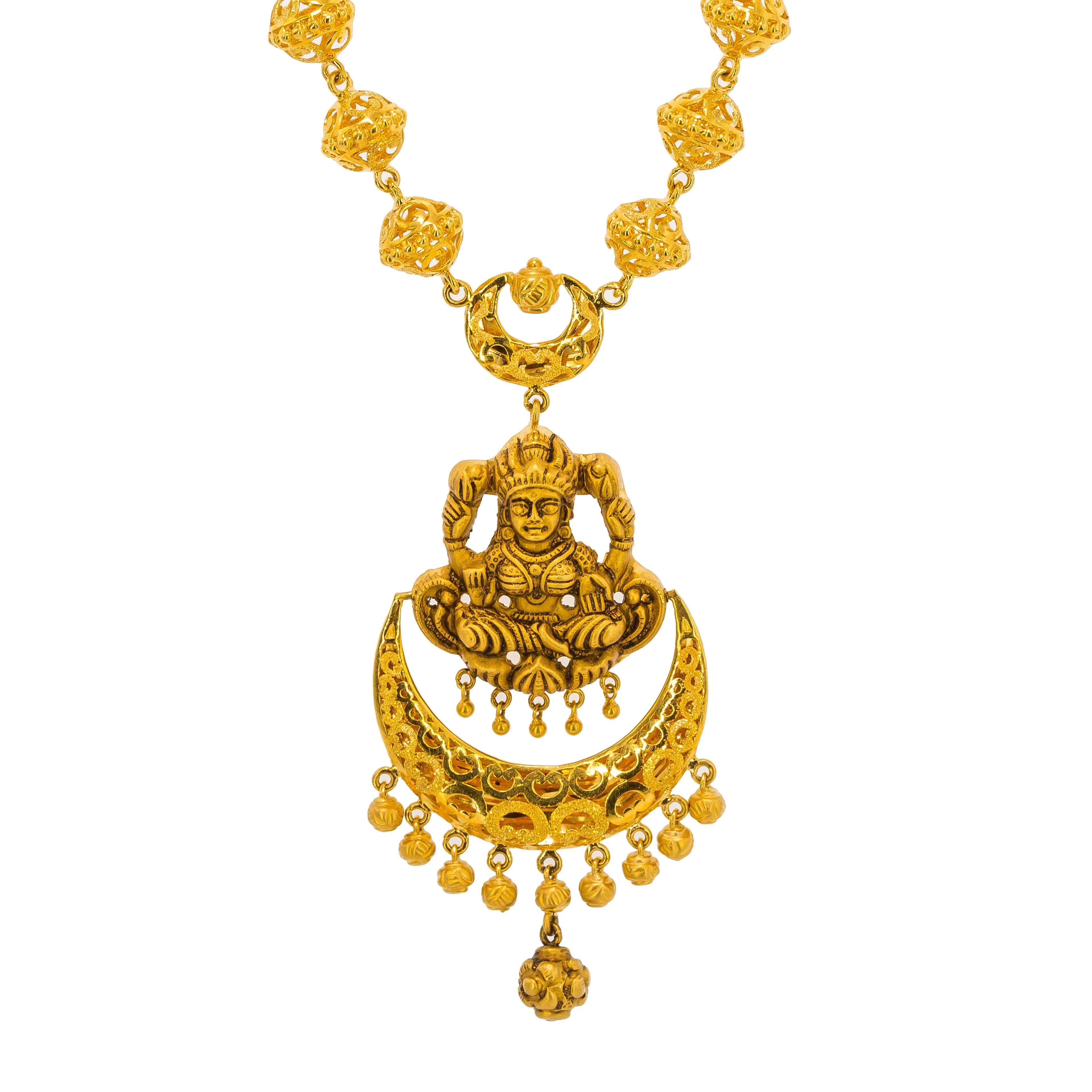 22K Yellow Gold Antique Necklace & Jhumki Earrings Set W/ Laxmi Pendant
