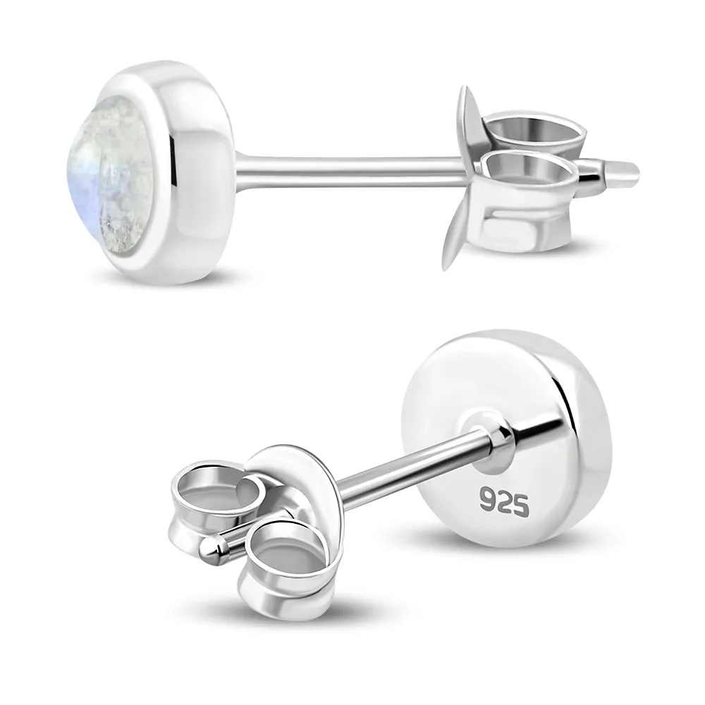 5.30mm | Rainbow Moonstone Round Sterling Silver Stud Earrings