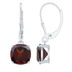 8 MM Cushion Cut Garnet Solitaire Drop Earrings with Lever Back