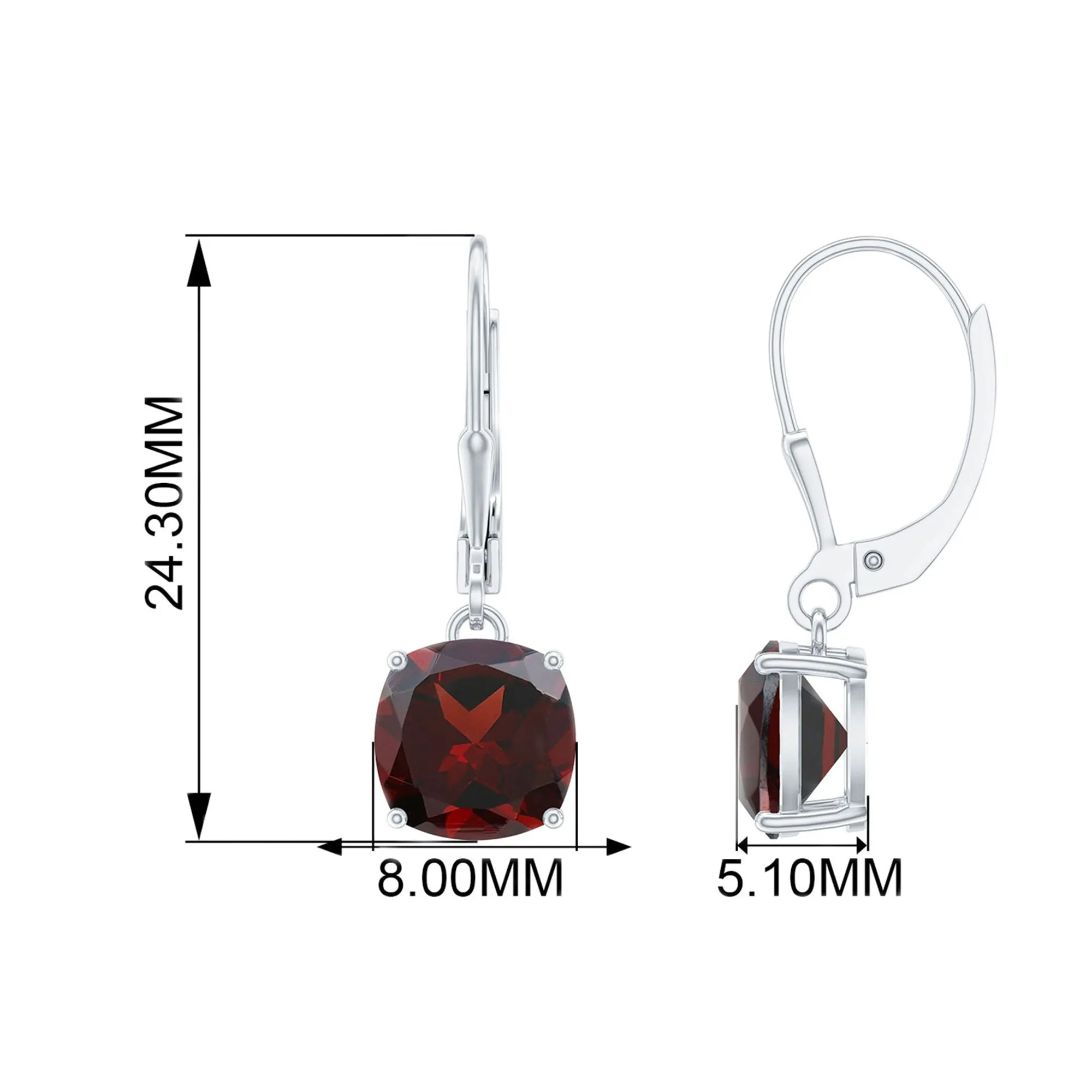 8 MM Cushion Cut Garnet Solitaire Drop Earrings with Lever Back