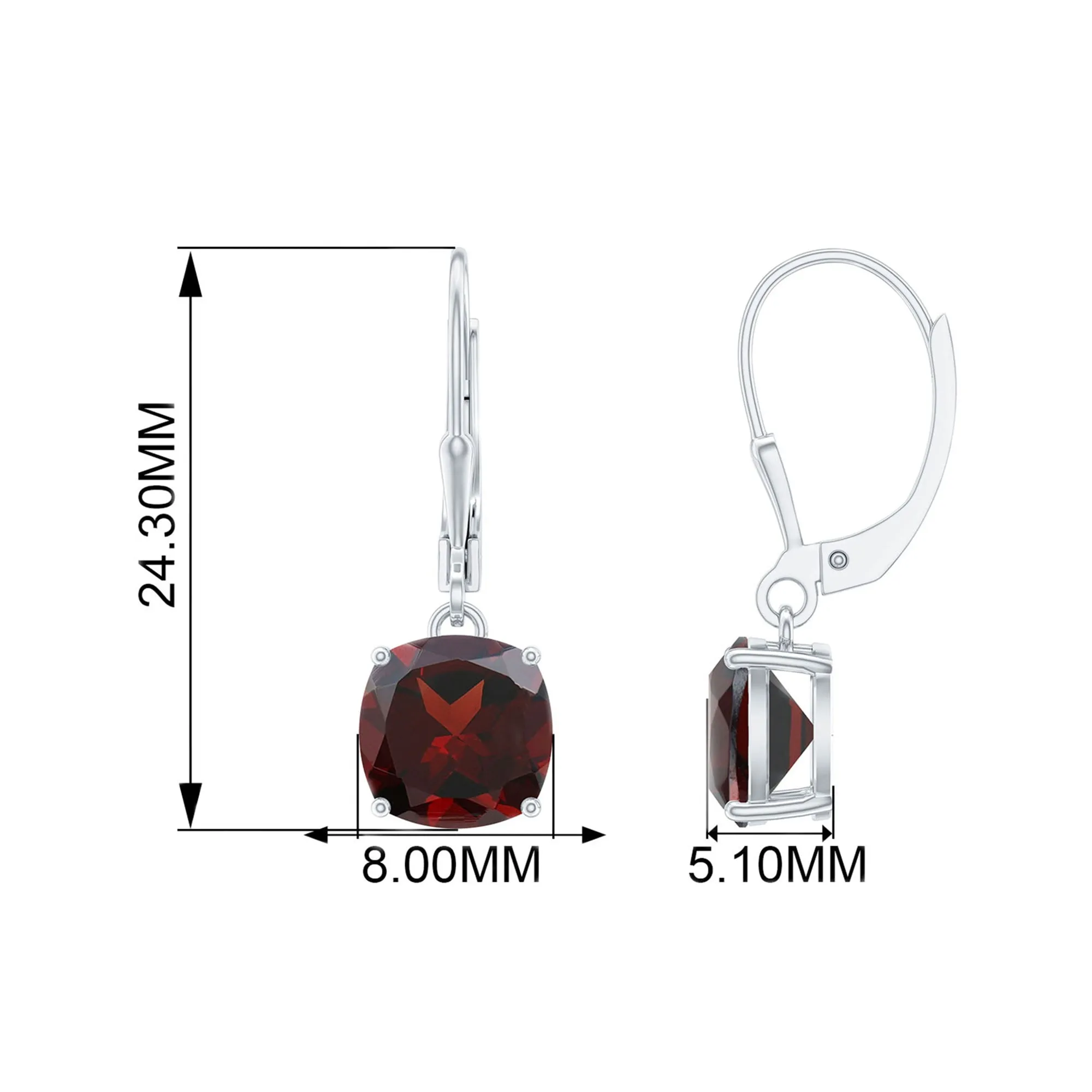 8 MM Cushion Cut Garnet Solitaire Drop Earrings with Lever Back