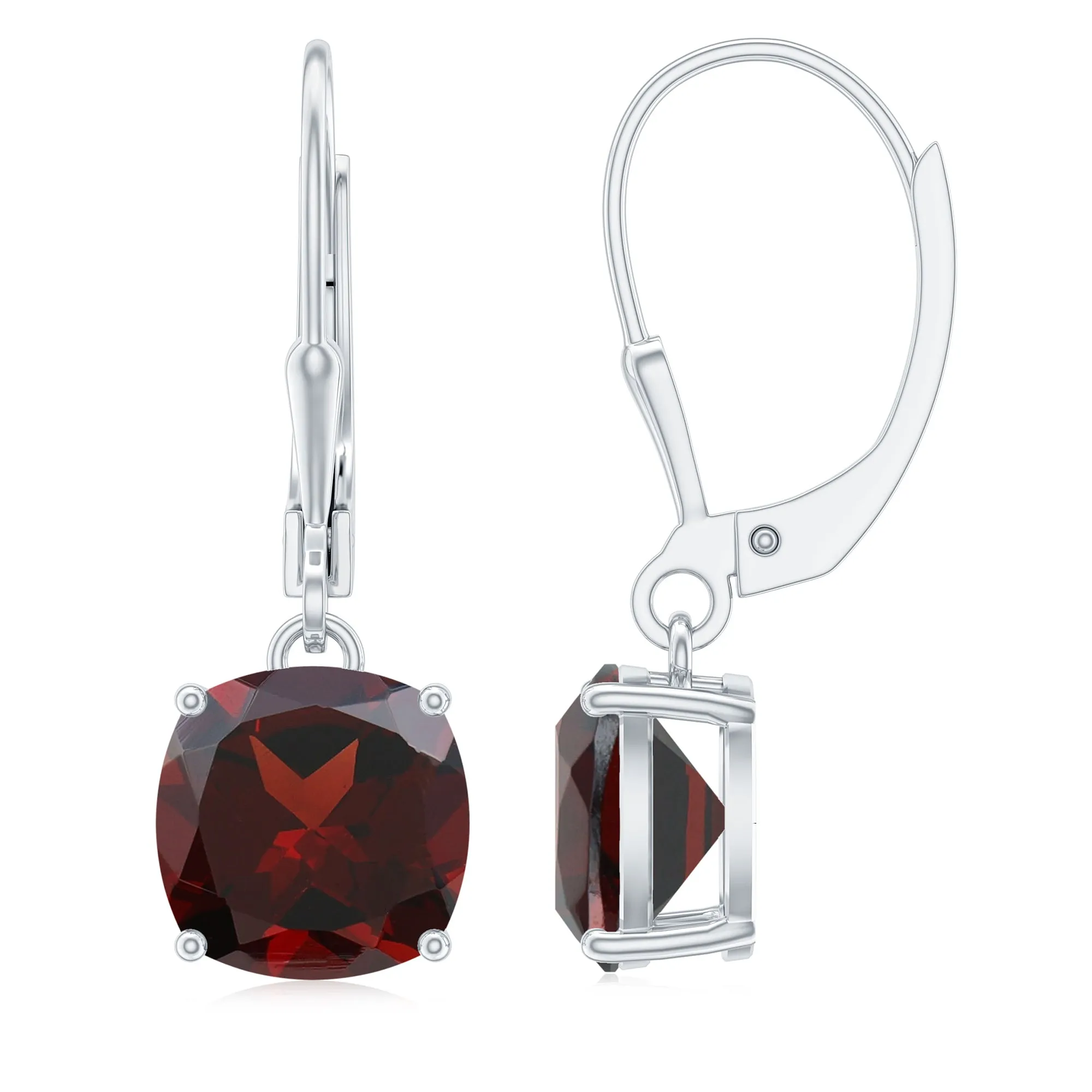 8 MM Cushion Cut Garnet Solitaire Drop Earrings with Lever Back
