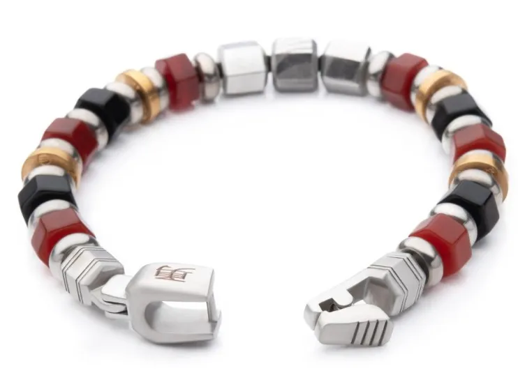 8.25''St. St. Mokume Gane, Red Agate & Onyx Beads Bushido Virtue Bracelet  YU: Heroic Courage