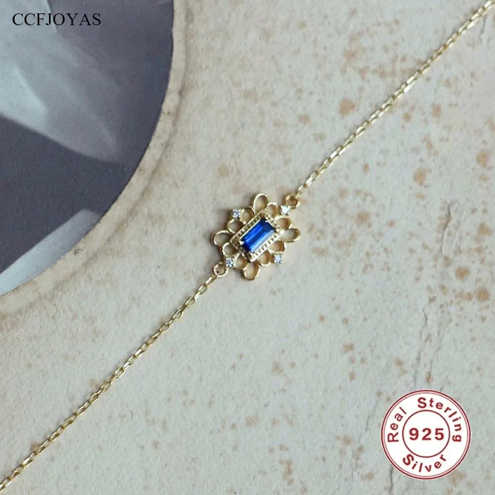 925 Sterling Silver 18k Gold Plated Bracelet Charm Jewelry - Simple Square Sapphire - Xm292