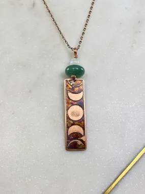 Acid etched copper moon phase necklace with moonstone and aventurine