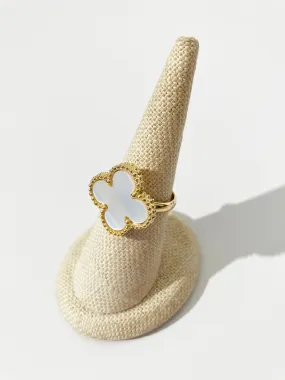 Adjustable Demi Mother of Pearl Quatrefoil Motif Ring in Gold