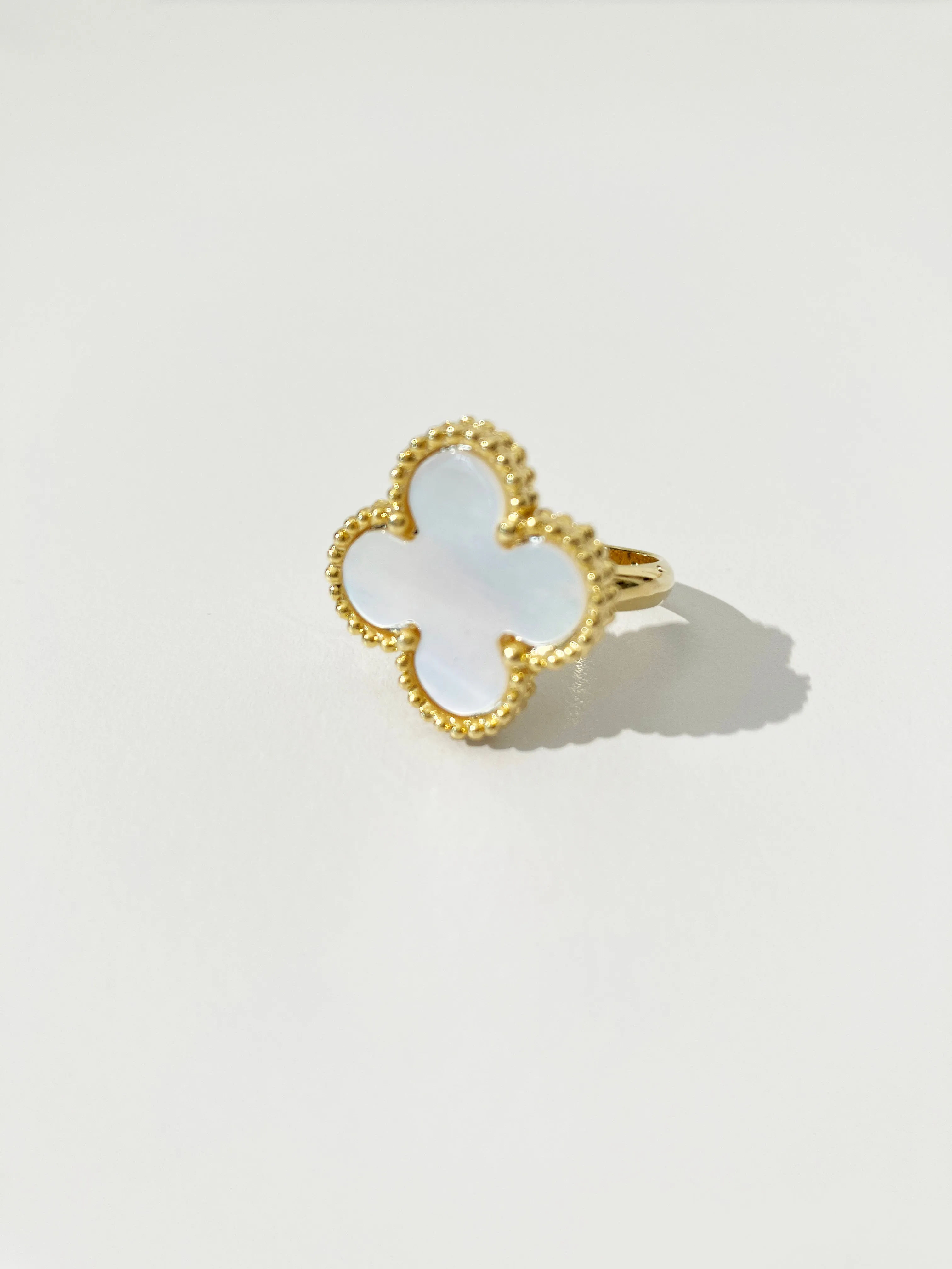 Adjustable Demi Mother of Pearl Quatrefoil Motif Ring in Gold