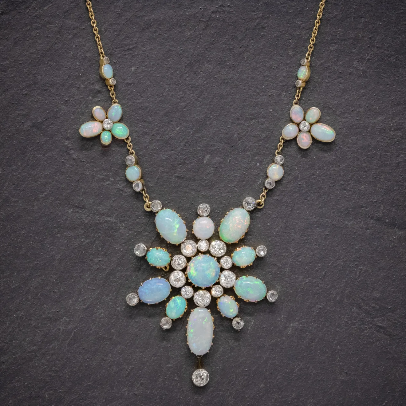 Antique Victorian Opal Diamond Necklace 20Ct Opal 5Ct Diamond 18Ct Gold Circa 1900