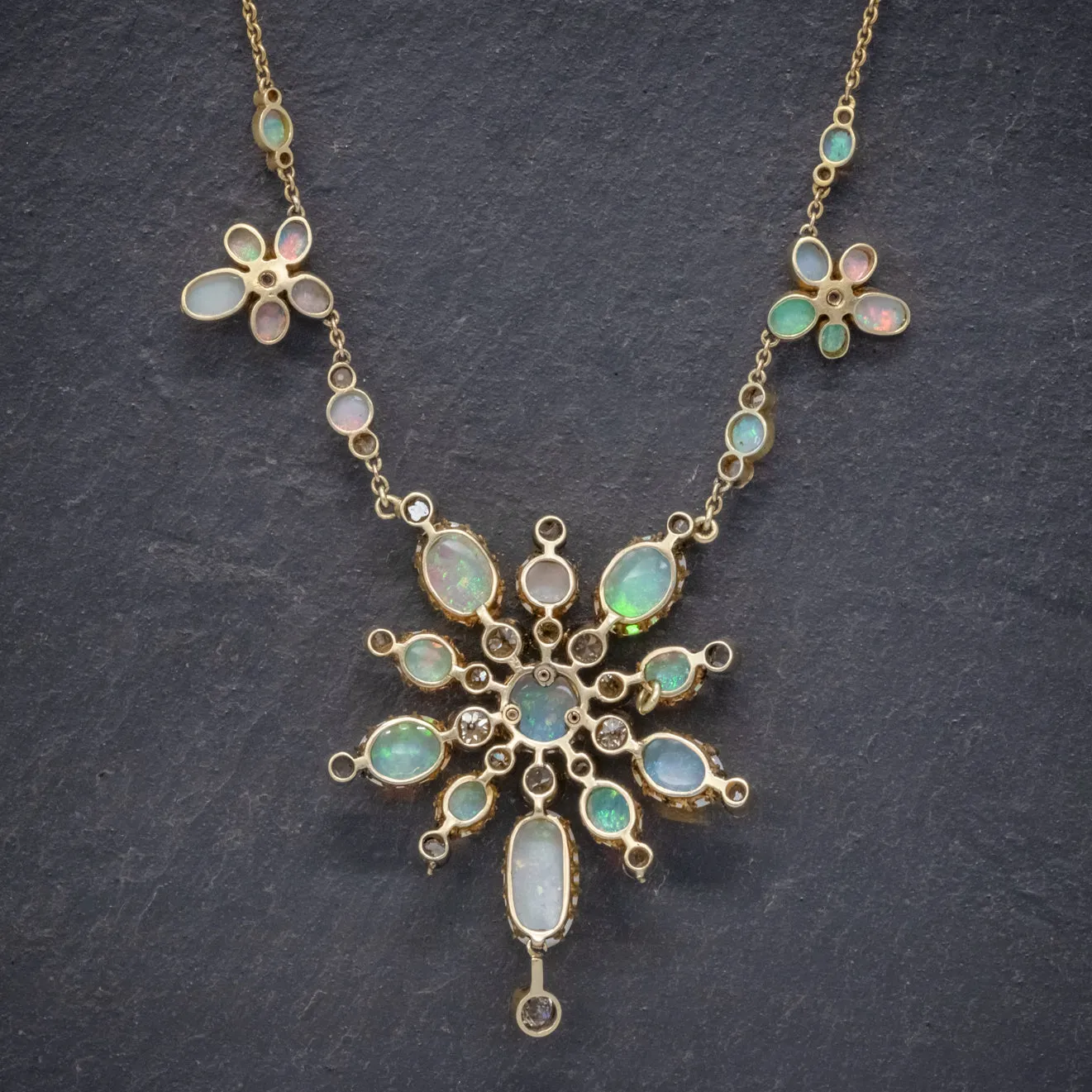 Antique Victorian Opal Diamond Necklace 20Ct Opal 5Ct Diamond 18Ct Gold Circa 1900
