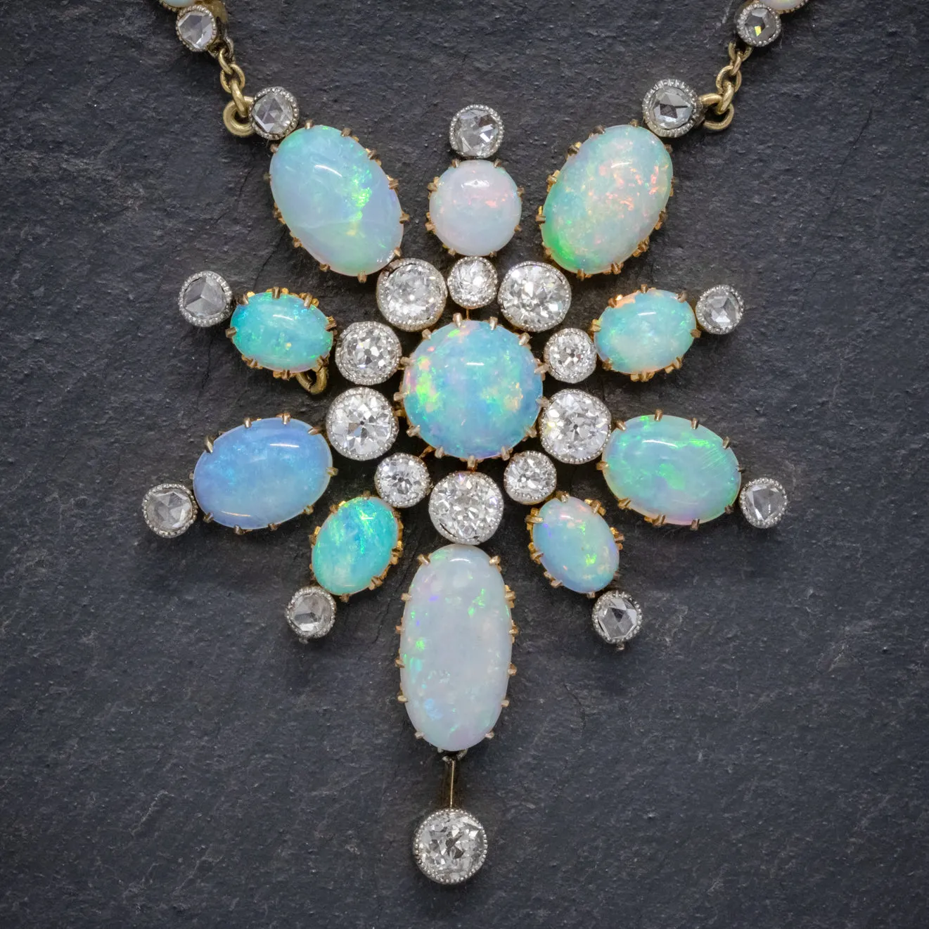 Antique Victorian Opal Diamond Necklace 20Ct Opal 5Ct Diamond 18Ct Gold Circa 1900