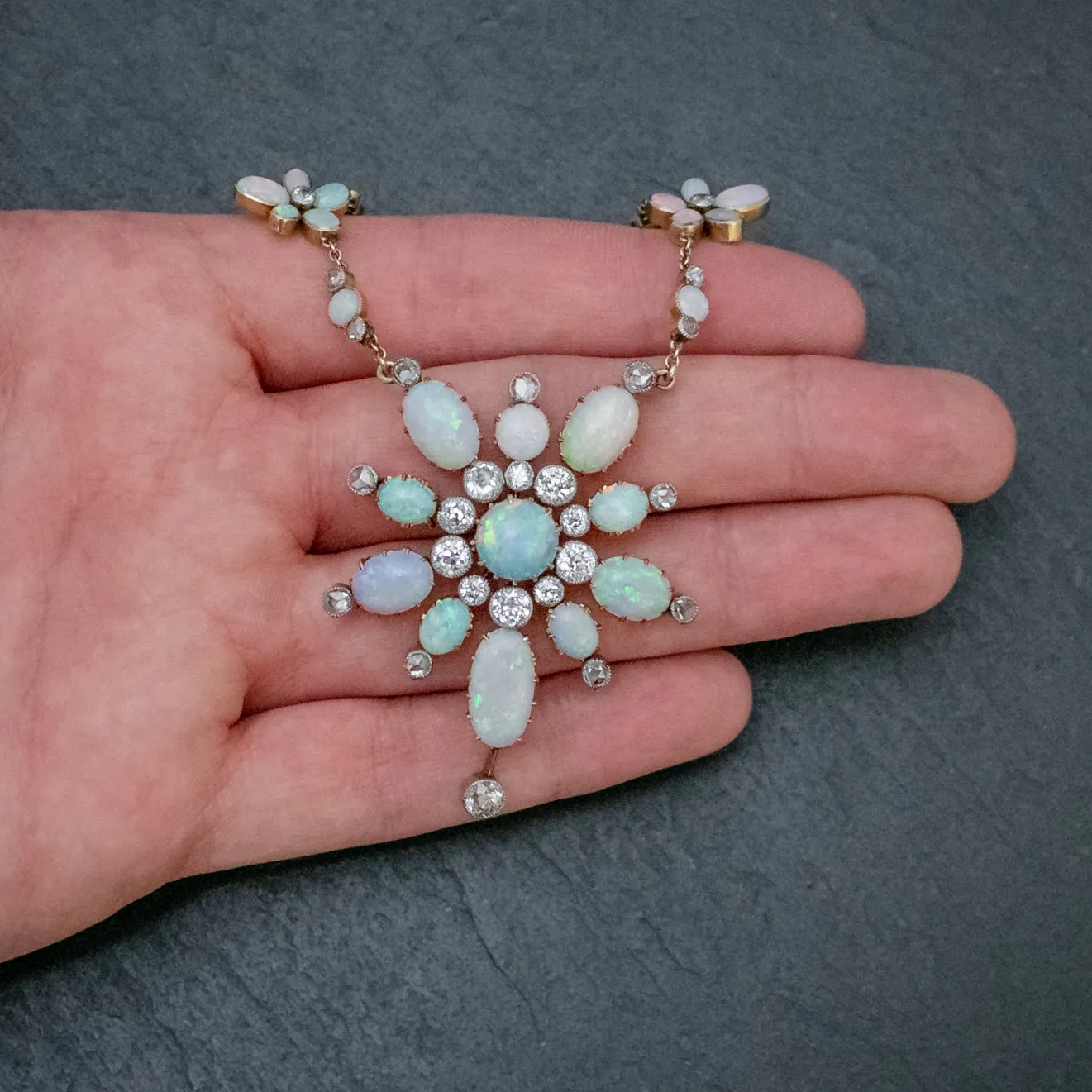 Antique Victorian Opal Diamond Necklace 20Ct Opal 5Ct Diamond 18Ct Gold Circa 1900