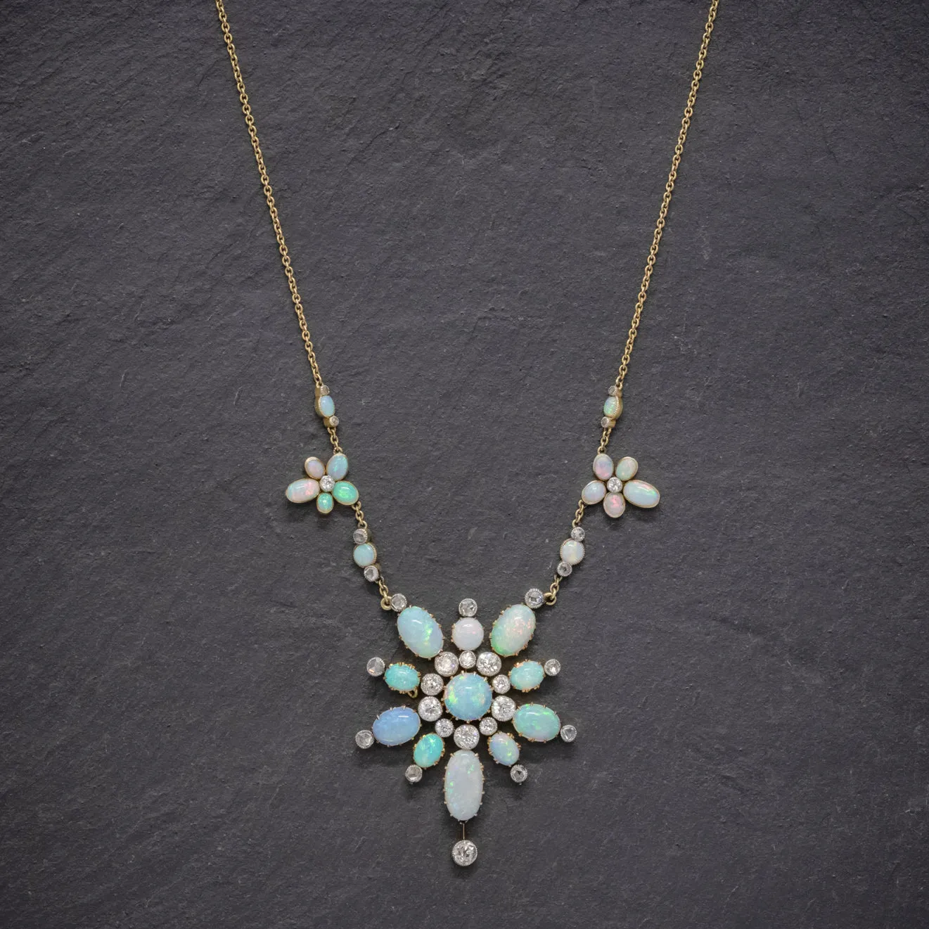 Antique Victorian Opal Diamond Necklace 20Ct Opal 5Ct Diamond 18Ct Gold Circa 1900