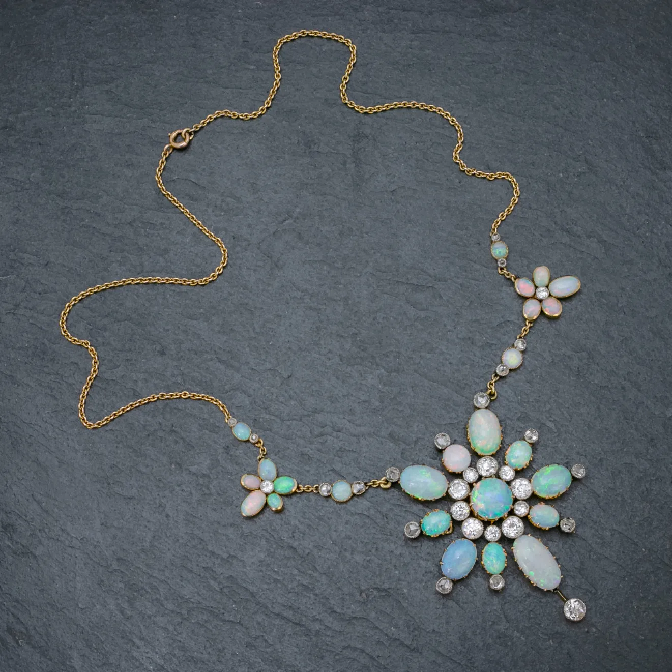 Antique Victorian Opal Diamond Necklace 20Ct Opal 5Ct Diamond 18Ct Gold Circa 1900