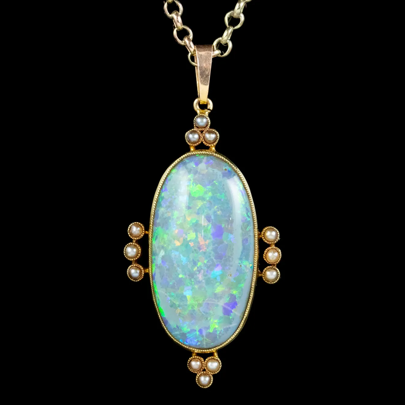 Antique Victorian Opal Pearl Pendant Necklace 15ct Gold 25ct Opal