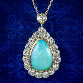 Art Deco Style Opal Diamond Pendant Necklace 18ct Gold 8ct Opal