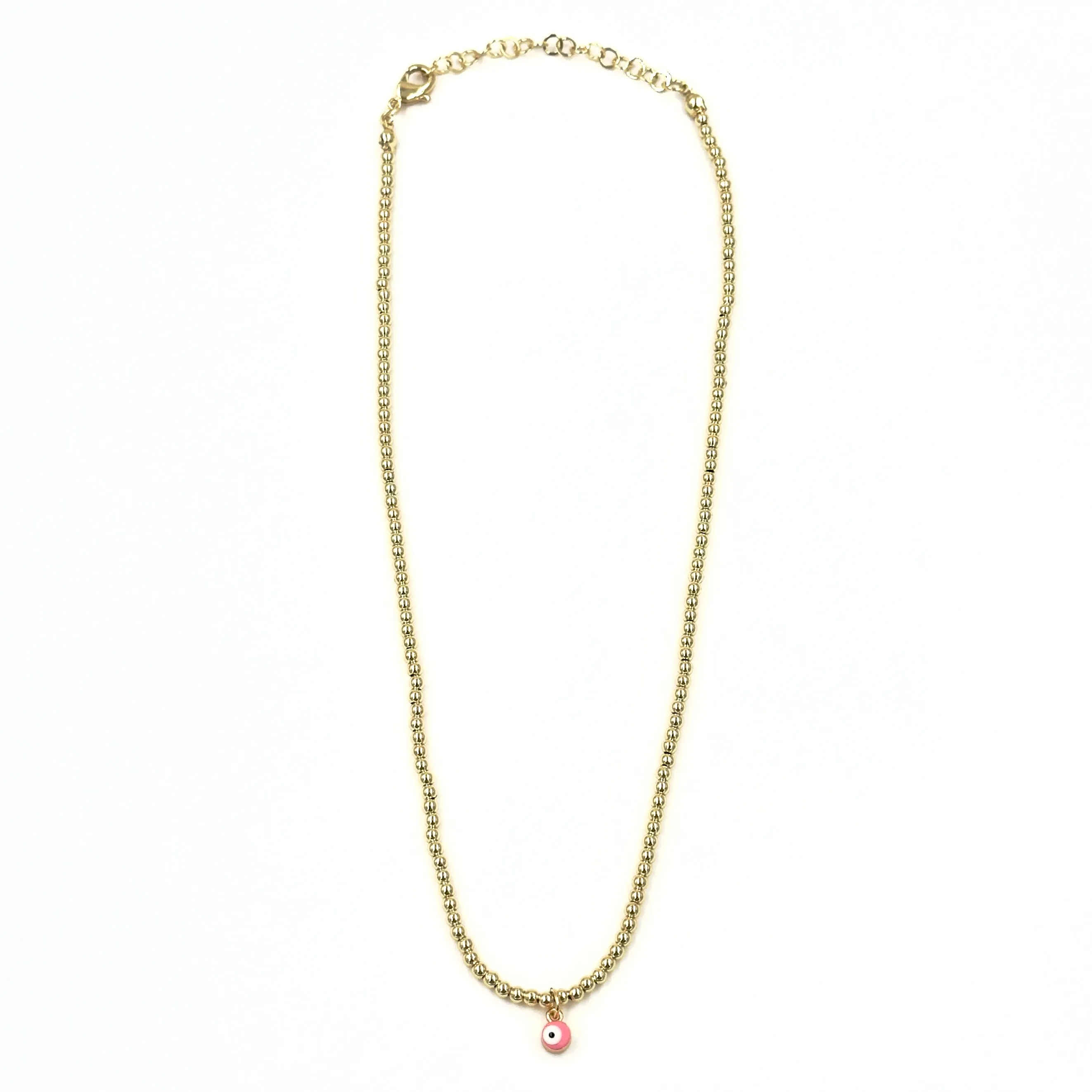 Ashley Gold Stainless Steel Gold Plated Pink Enamel Evil Eye Charm Beaded Necklace