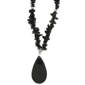 BEADED GEMSTONE BLACK STONE CHIP W/ TEARDROP NECKLACE