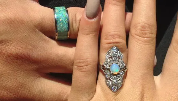 Black Fire and Ice Opal Titanium Ring