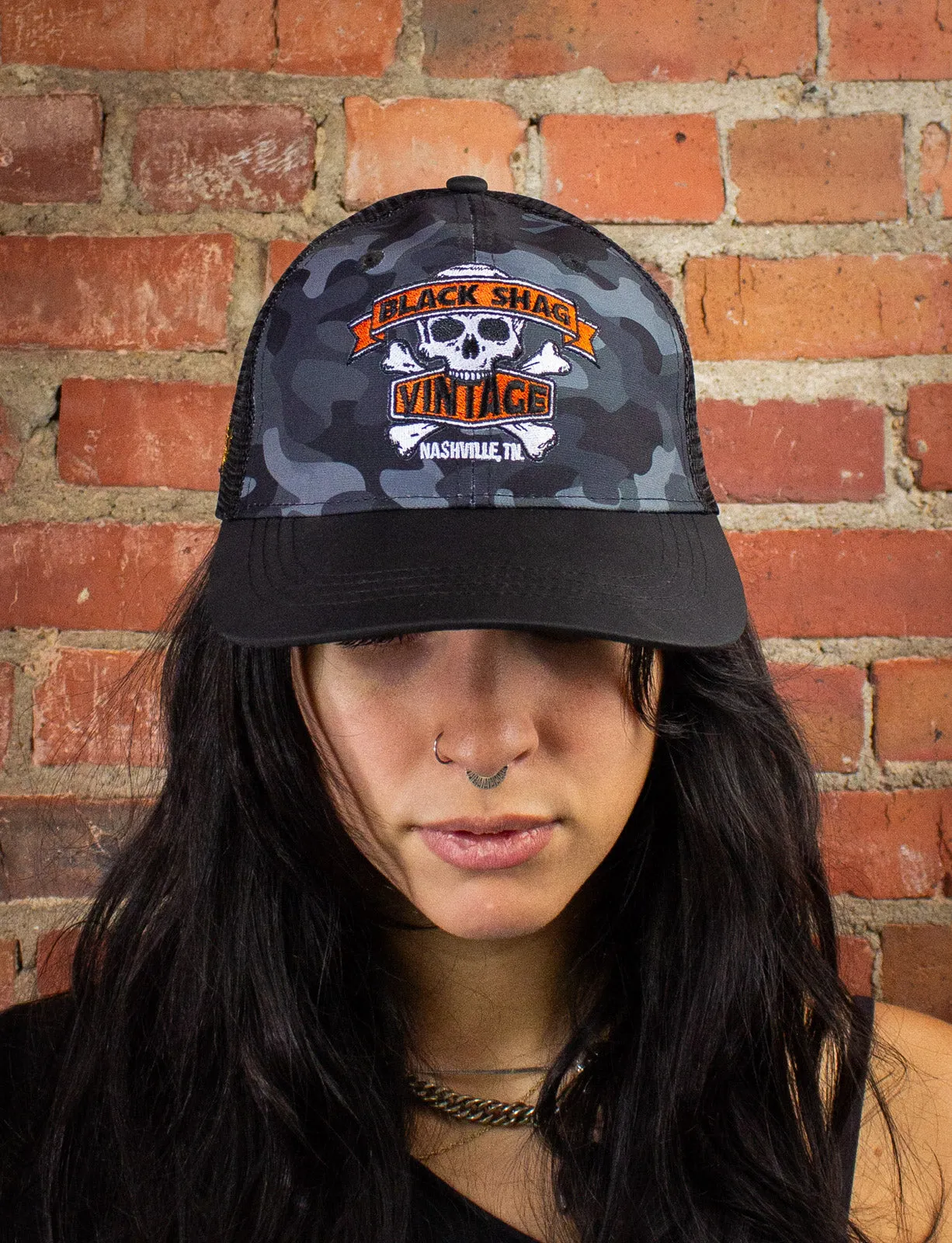 Black Shag Vintage Embroidered Skull   Crossbones Camo Trucker Hat