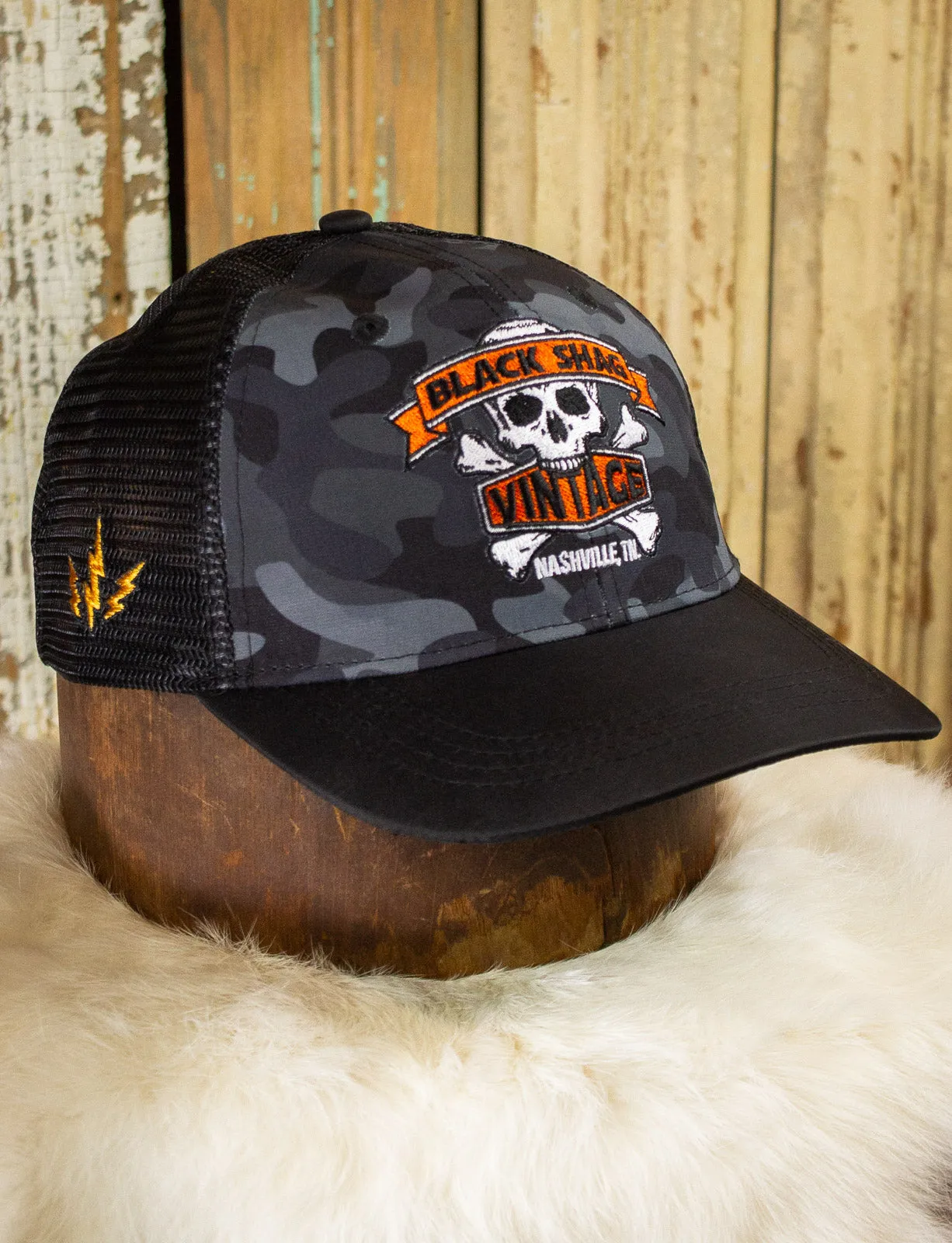 Black Shag Vintage Embroidered Skull   Crossbones Camo Trucker Hat