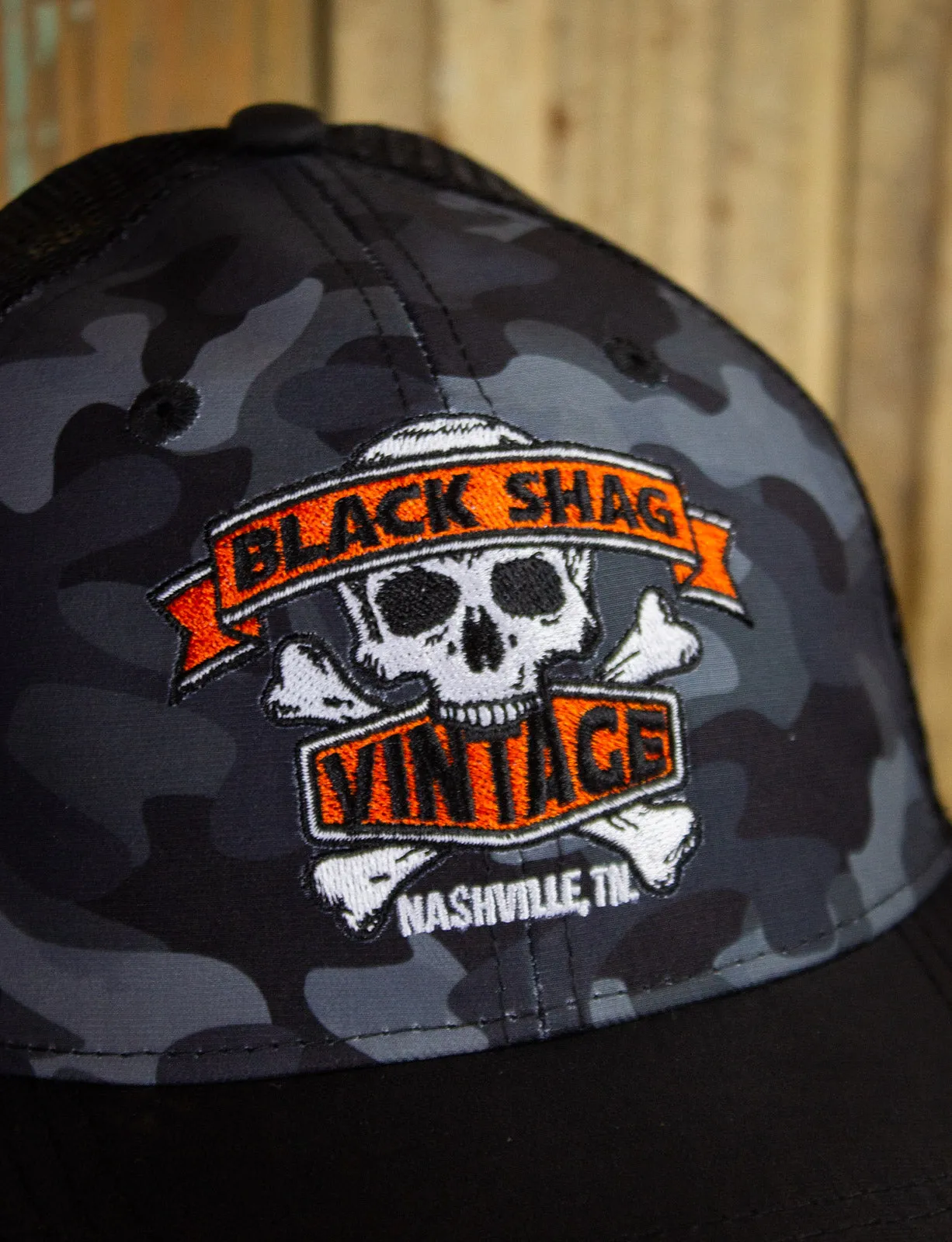 Black Shag Vintage Embroidered Skull   Crossbones Camo Trucker Hat