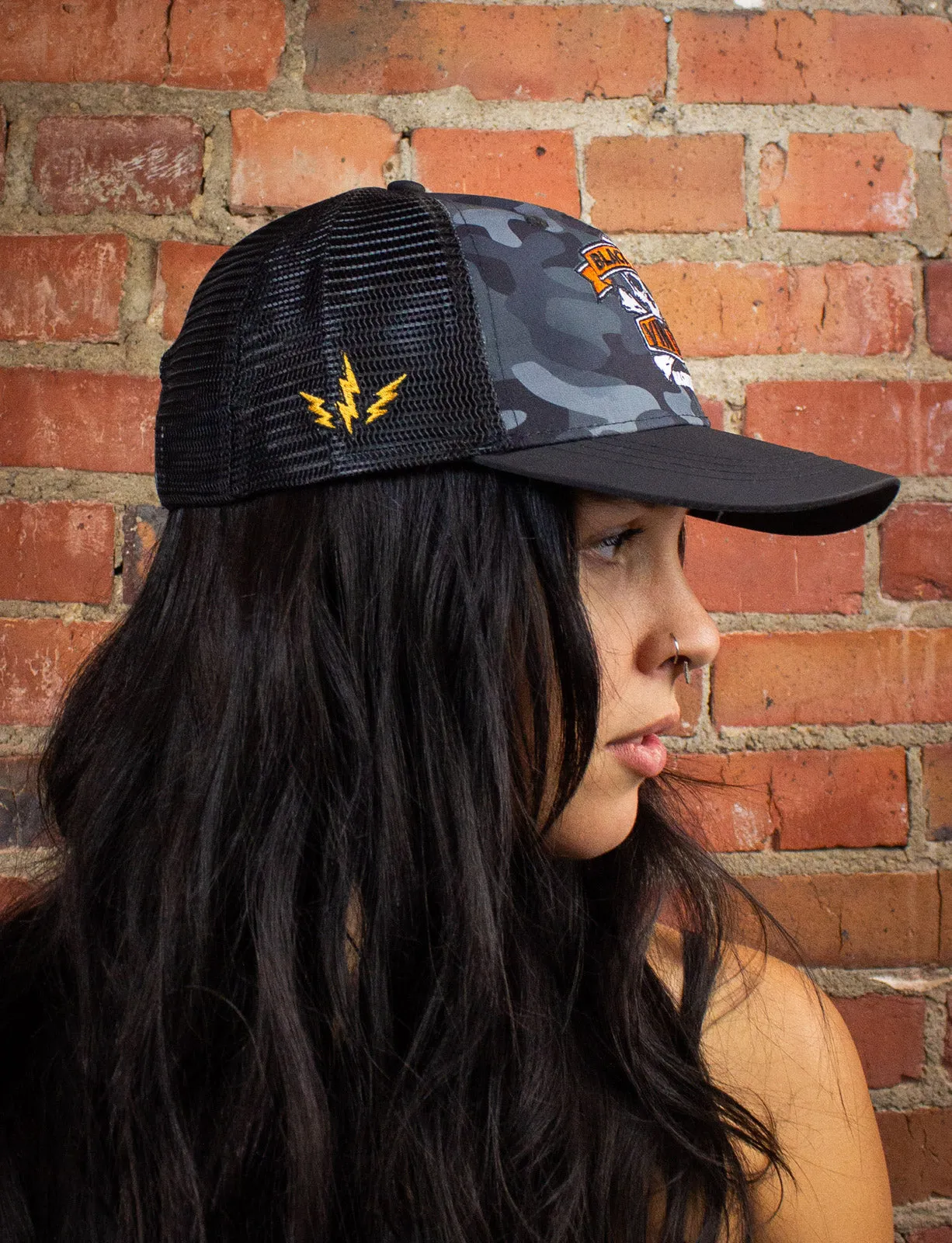 Black Shag Vintage Embroidered Skull   Crossbones Camo Trucker Hat