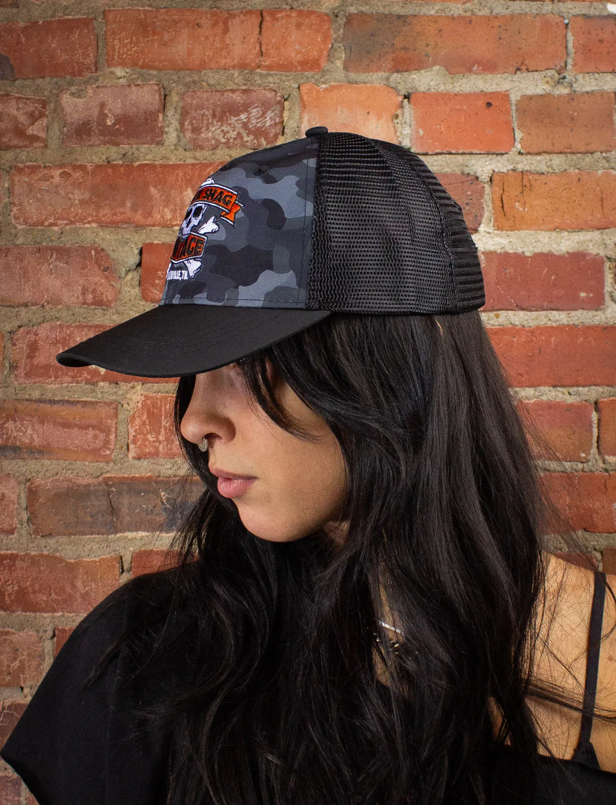Black Shag Vintage Embroidered Skull   Crossbones Camo Trucker Hat
