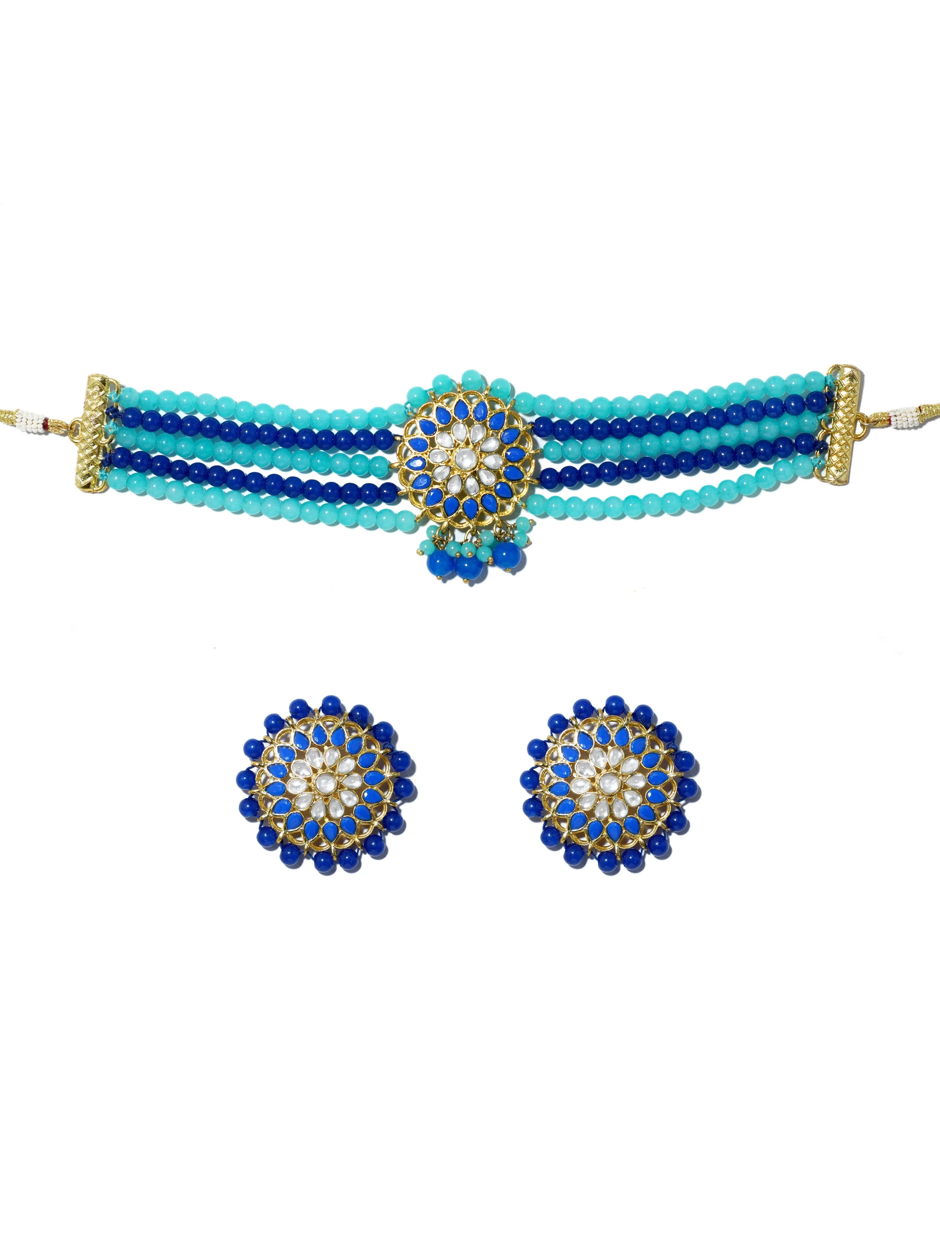 Blue Beaded Kundan Choker Necklace Set