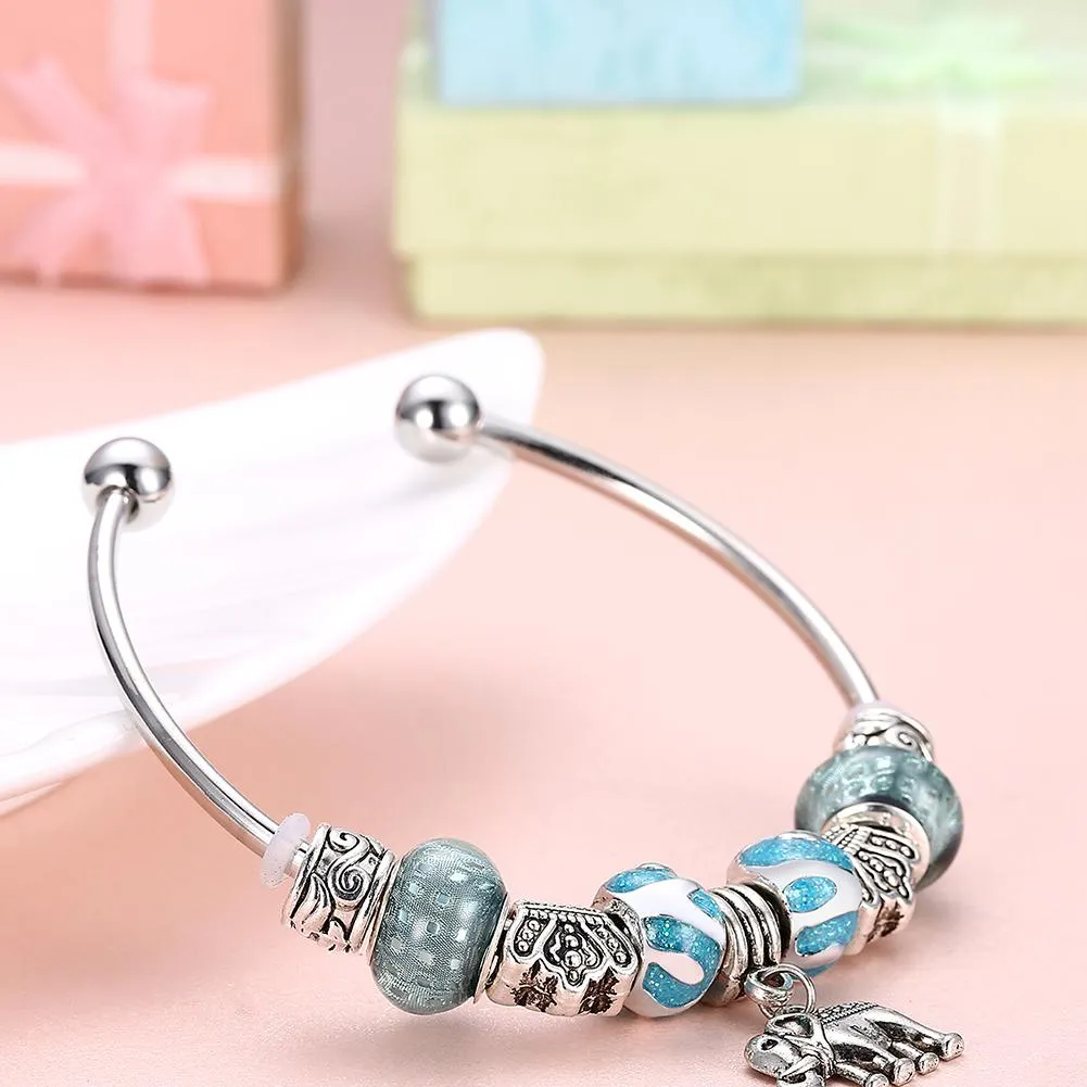 Blue  Elements Pandora Inspired Enamel Elephant Charm Bangle