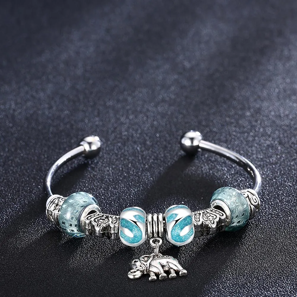 Blue  Elements Pandora Inspired Enamel Elephant Charm Bangle